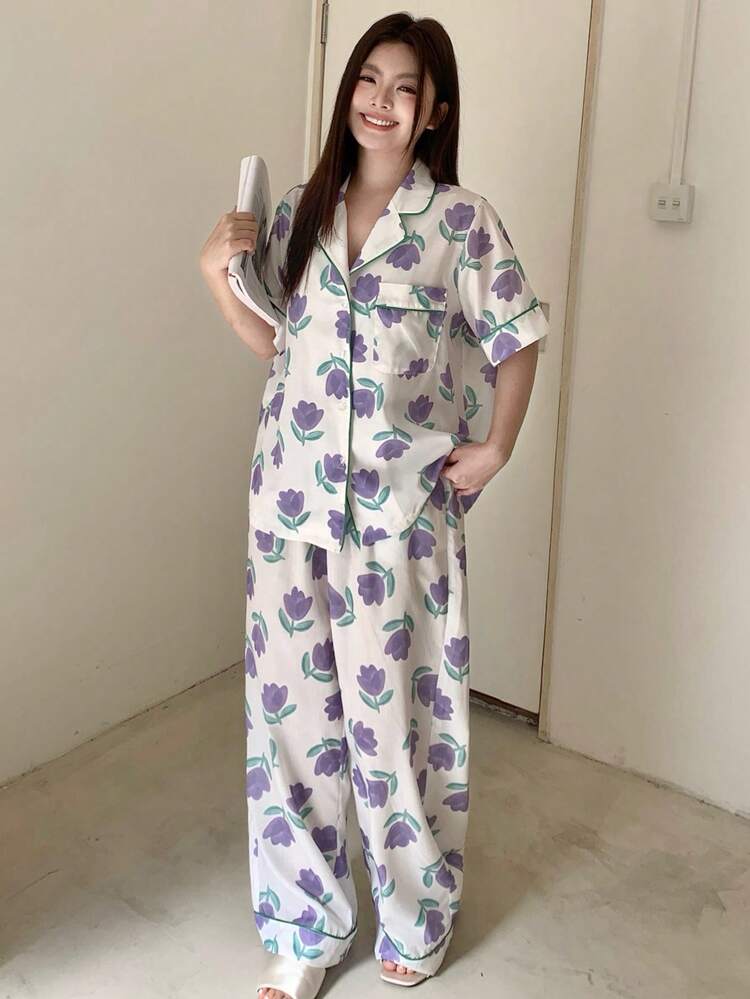 Dazy Plus 2pcs/Set Tulip Floral Print Loose Short Sleeve Top And Long Pants Pajama Set, Spring/Summer