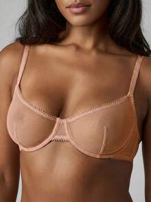 MISSGUIDED Mesh Underwired Set For Women Sheer Bralette With Matching Panties Intimate Lingerie Collection Transparent Delicate Lace Trim Night - Dusty Pink - View 5