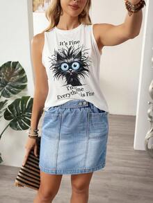 EMERY ROSE Rok Mini Denim Kasual Lurus dengan Kantong untuk Wanita Ukuran Plus - Light Wash - View 7
