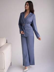 Andrea Bello 2025春秋新款时尚优雅休闲/办公室通勤金属扣腰长袖外套+直筒宽松阔腿裤西装套装 - 霧霾藍 - 查看 6