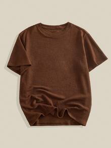 EASEVO T-shirt casual à col rond et manches courtes en nid d'abeille de couleur unie, taille grande pour hommes - Tabac - Voir 2