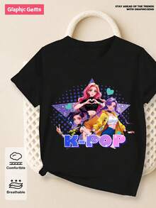 1件可爱酷炫的韩流女孩印花撞色短袖上衣，宽松版型，适合春、夏、秋、冬四季穿着，是送给年轻女孩的绝佳礼物。 - 黑色 - 查看 4