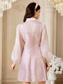 Modelyn Women's Elegant Party Cocktail Mini Dress With Lantern Sleeves And Metal Decor, Suitable For Spring, Summer, Autumn - Pink - View 5