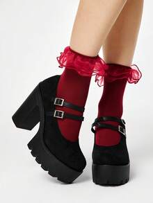 ROMWE Goth Giày cao gót nữ - Mặt vải màu đen + đôi với mờ - Xem 2