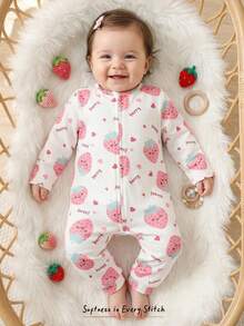 Cozy Pixies Baby Girl Strawberry Pattern Knitted Soft Crew Neck Long Sleeve Romper With Pants, Thickened Strawberry Print Jumpsuit, Thermal Lined Jumpsuit