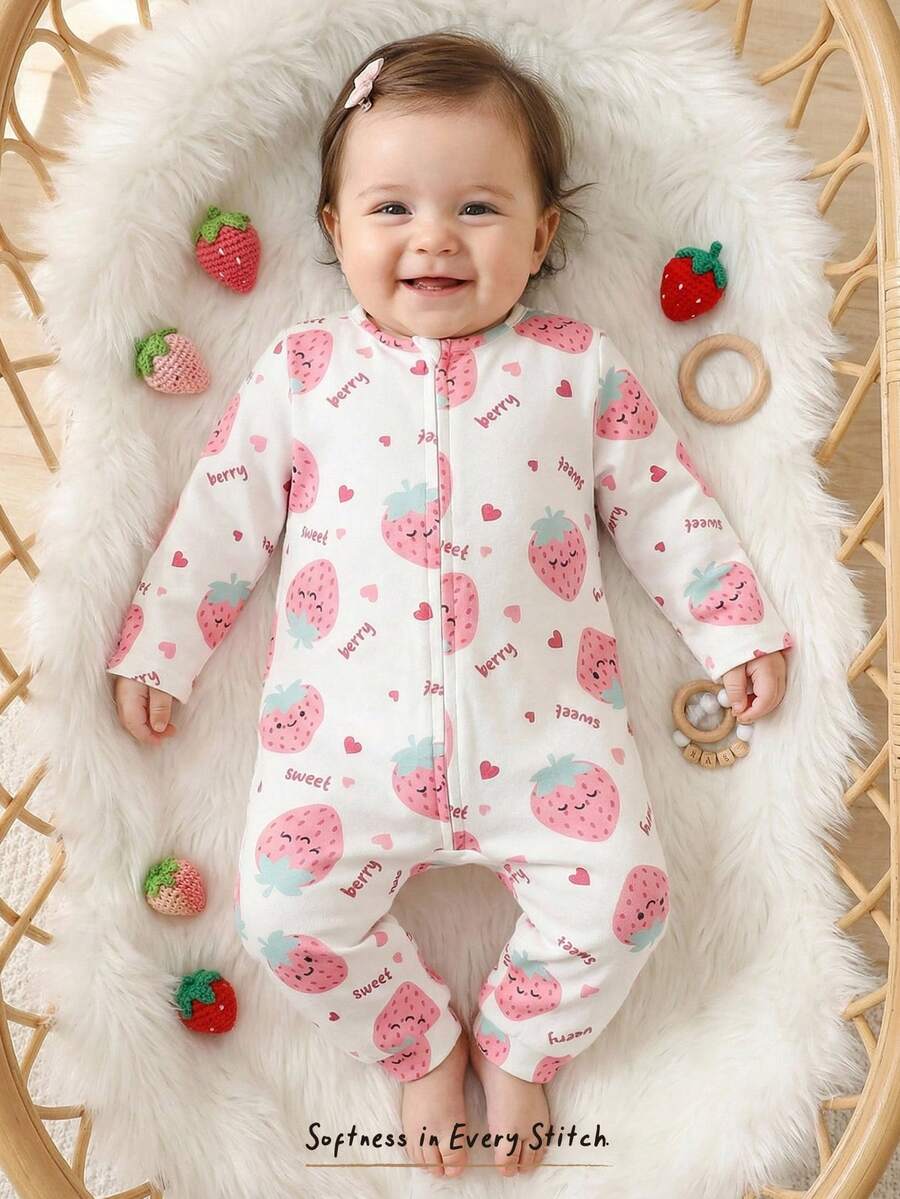 Cozy Pixies Baby Girl Strawberry Pattern Knitted Soft Crew Neck Long Sleeve Romper With Pants, Thickened Strawberry Print Jumpsuit, Thermal Lined Jumpsuit