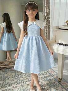 SHEIN Tween Girl Light Blue Summer Elegant Party Prom Dress, Jacquard Contrast Peter Pan Collar Rhinestone Decor Cinched Waist Sleeveless Wedding Birthday Outfit - Blue and White - View 4