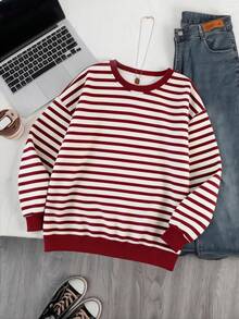 Resyla 女士休闲条纹套头卫衣，时尚百搭设计，适合户外活动、街头摄影、返校季、教师节等场合，常规圆领卫衣 - 彩色 - 查看 6