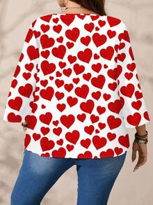 EMERY ROSE Plus Size Women Heart Print Casual Loose Fit 3/4 Sleeve Blouse, Suitable For Valentine's Day Spring - Multicolor - View 4