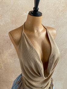 Soleia 大码女式休闲沙滩度假性感约会深V领流苏下摆露背系带上衣 - 卡其色 - 查看 7