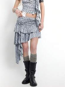 Bloopia Women's Summer Casual Fashionable Street Style Polka Dot Print Ruffle Hem Asymmetric Hem Skirt - Light Grey - View 3