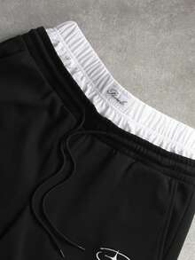 PAVTROS Plus Size Men's Casual Fashion Street Daily Commute 2 In 1 Drawstring Waist Embroidered Loose Wide-Leg Sweatpants 2pcs Men's Elastic Pants Men Black Cargo Shorts Men's Short Pants Men's Street Wear Shorts Techwear Pants - Black - View 4