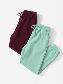 2 Pcs Elastic Waist Drawstring Sweatpants With Slanted Pockets - Multicolor - View 3