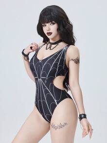 ROMWE Goth 2026春夏哥特吸血鬼角色扮演服装，女士连体泳衣，优雅浪漫哥特渐变扎染蜘蛛网印花，可调节交叉宽肩带，多色可选，黑色、白色，修身连体泳衣，2026春夏女装新款，适合新年、情人节、返校季、旅行季、户外活动、海滩、下午茶、派对、日常穿着、休闲、户外运动等场合，时尚百搭。 - 黑色 - 查看 8