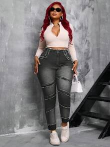 SHEIN SXY Plus Size Women Blue Denim High Waist Distressed Skinny Jeans - Dark Grey - View 4