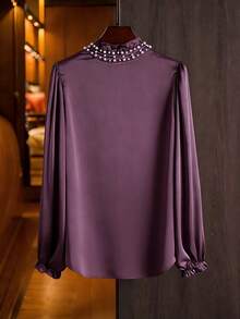 Modelyn Elegant Solid Color Ruffle Collar Long Sleeve Fitted Plus Size Blouse, Suitable For Spring And Autumn Elegant Blouse For Women - Purple - View 2
