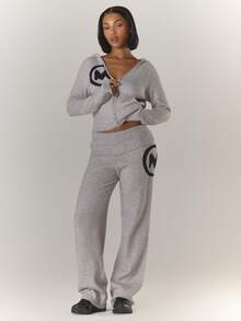 MUSERA Ribbed Fold Over Waist Buckle Detail Fitted Flared Mohair Knit Style Trouser Coord Bottoms Only Winter Coolgirl Cosy Cute Outdoors Explorer Spring - Grey - View 1