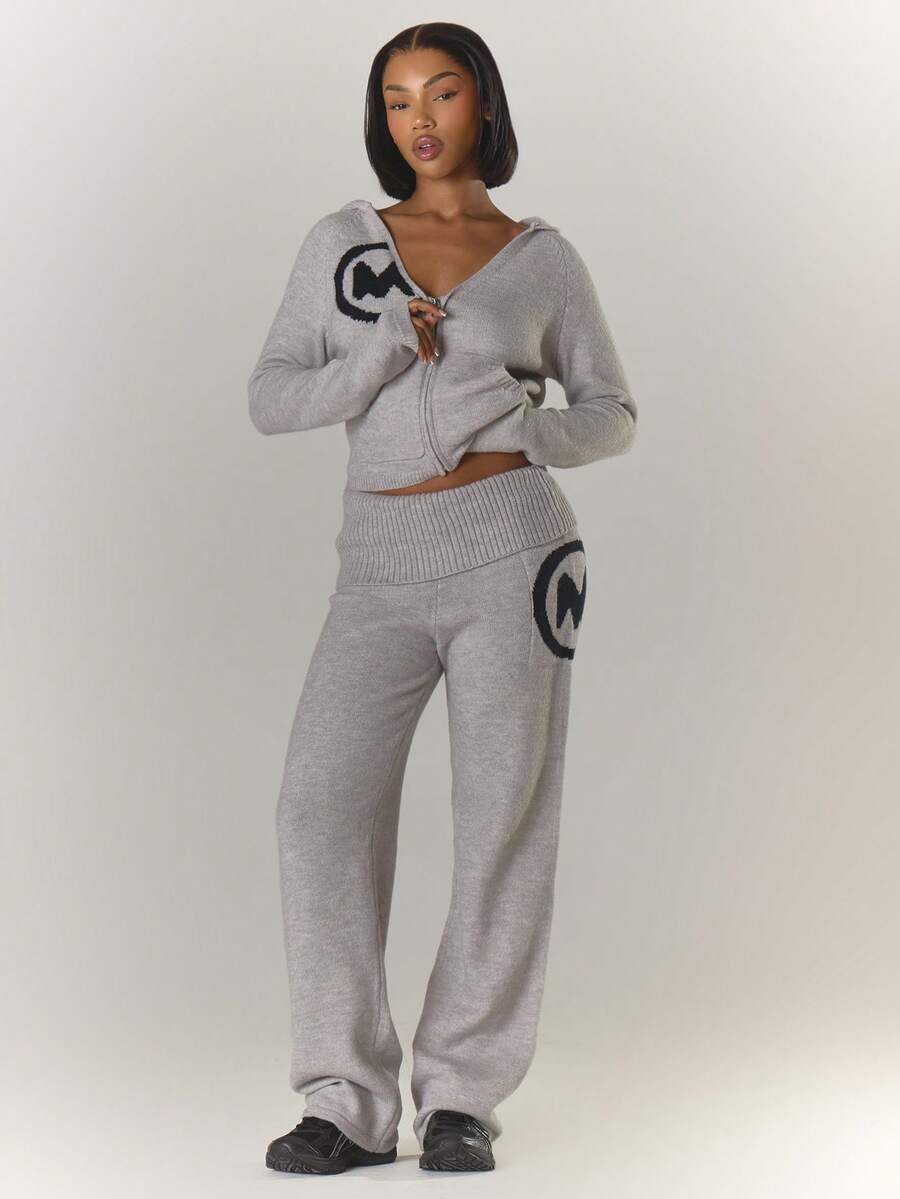 MUSERA Ribbed Fold Over Waist Buckle Detail Fitted Flared Mohair Knit Style Trouser Coord Bottoms Only Winter Coolgirl Cosy Cute Outdoors Explorer Spring - Grey - View 1