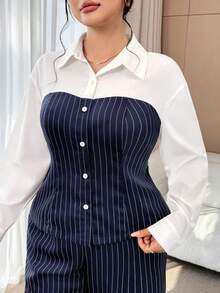 Modelyn Plus Size Women's Spring/Autumn Casual/Office Commute Striped Patchwork Shirt And Wide Leg Pants 2 Pieces Set Women Suit Sets - Multicolor - View 2