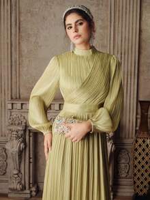 Anewsta Women's Long Pleated Dress, Elegant And Versatile Long Formal Gown - Mustard Yellow - View 6