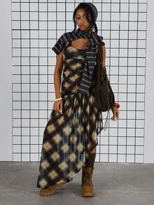 COUREZ Midi Check Gathered Mesh Dress /Y2K Spring Clothes For Women - Multicolor - View 2