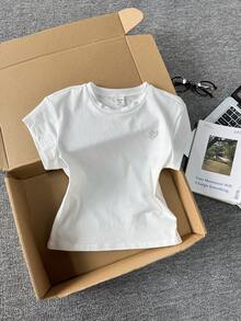 Teen Girls T-Shirts Minimalist Faux Pearl Heart Studded Round Neck Short Sleeve T-Shirt, Summer - White - View 5