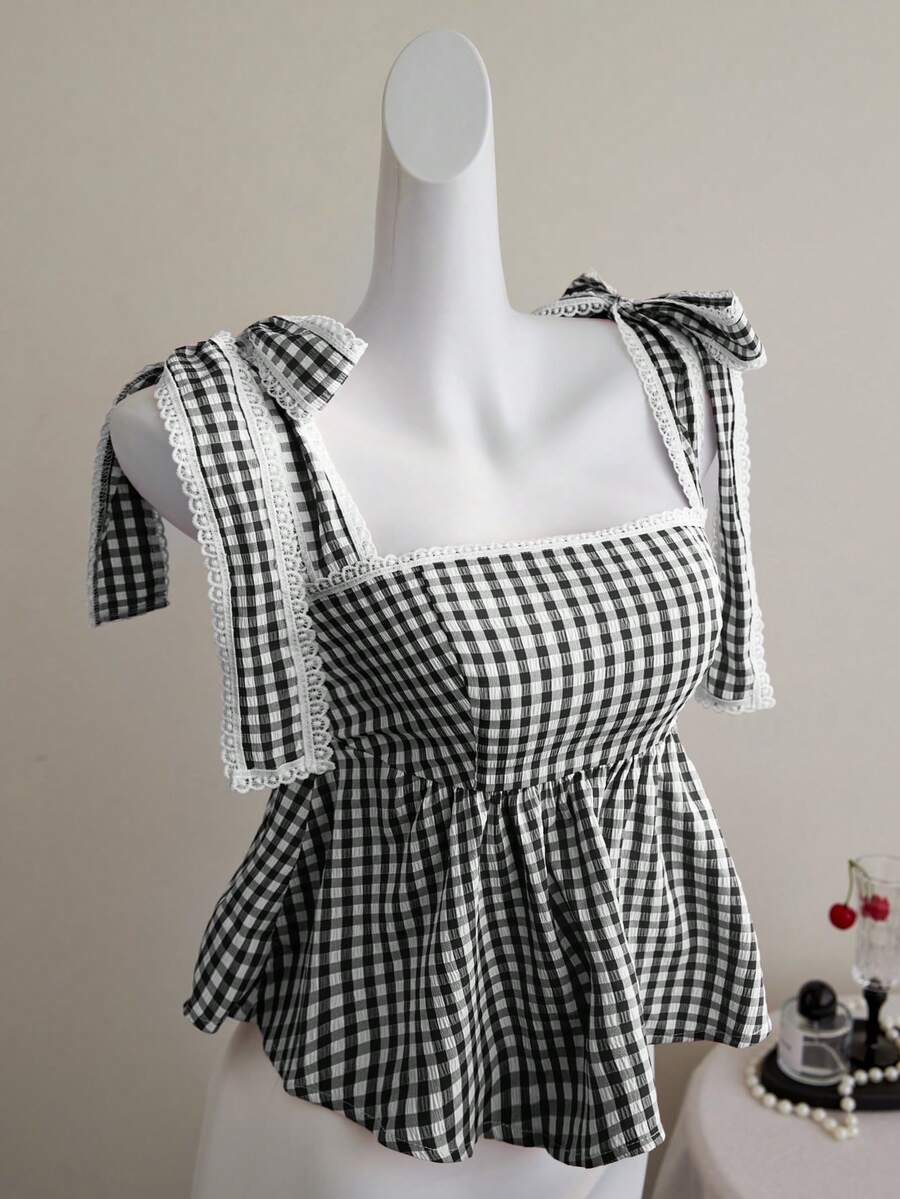 Elamini Women's Plaid Knot Shoulder Design Ruffle Hem Fashionable Versatile Top For Dates And Parties - Black - View 1