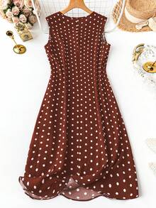 SHEIN LUNE Plus Size Sleeveless Polka Dot Pocket Dress - Brown - View 2