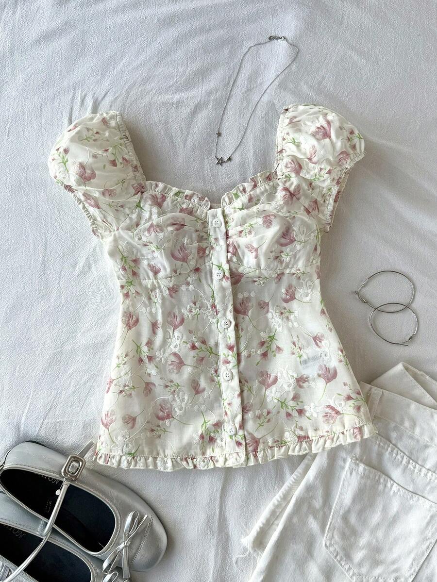 SHEIN 少女不对称肩针织印花休闲时尚亲子装上衣 - 白色 - 查看 1