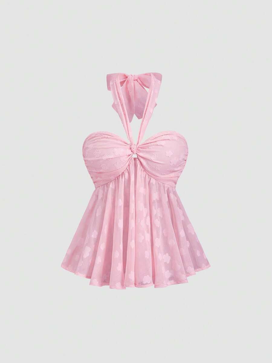 Sweetra 优雅公主风早春粉色情人节设计双面穿上衣，精致提花面料，可爱甜美百搭女式衬衫