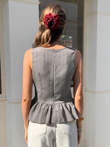 Elyressa Top casual de mujer sin mangas con cuello redondo, bajo con volantes y parches, de tela con aspecto de lino a rayas - Gris - Ver 3