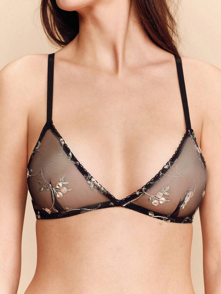 Sheer Black Floral Embroidered Bralette With Matching Panty Lingerie Triangle Sexy See Trough Lingerie Set