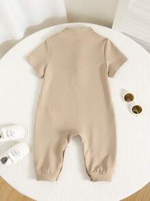 SHEIN Unisex Newborn Baby Boy Vintage Floral Retro Print Short Sleeve Jumpsuit Knit Outfit, Spring/Summer Baby Boy Clothes - Khaki - View 2