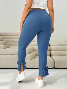 SHEIN PETITE CURVE 大码女式黑色休闲修身裤，饰有蝴蝶结和侧开衩，适合夏季、秋季、可爱场合、海滩度假、西部风情、乡村音乐会、校园、早午餐等。 - 藍色 - 查看 2