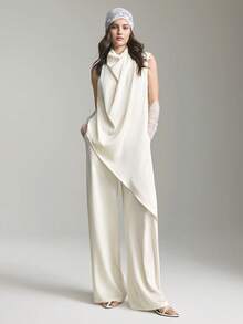 Ontre 2026 New Spring/Summer Women's Woven Satin Fabric High-End Romantic Valentine's Day Wedding Season Loose Asymmetric Hem Sleeveless Top And Wide-Leg Suit Set, Women's Business Casual Independence Day Urban Chic Minimalist Fashion Commuter - Apricot - View 5