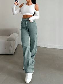 EURMUSE 100%Cotton Straight Leg Jeans Snow Wash - Light Wash - View 4