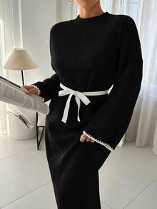 Pullover Sweater Dress Hem And Sleeve Detail+ 478 - Black - View 4