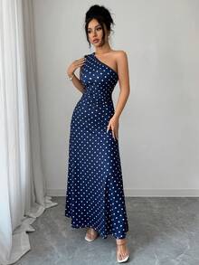Elenzga 女士优雅修身褶皱波点印花不对称单肩长款连衣裙，适合派对、约会、通勤、商务、毕业典礼、返校、感恩节、日常穿着，夏季长款连衣裙，女士长款不对称单肩连衣裙，女士夏季连衣裙，度假连衣裙 - 藏蓝色 - 查看 4