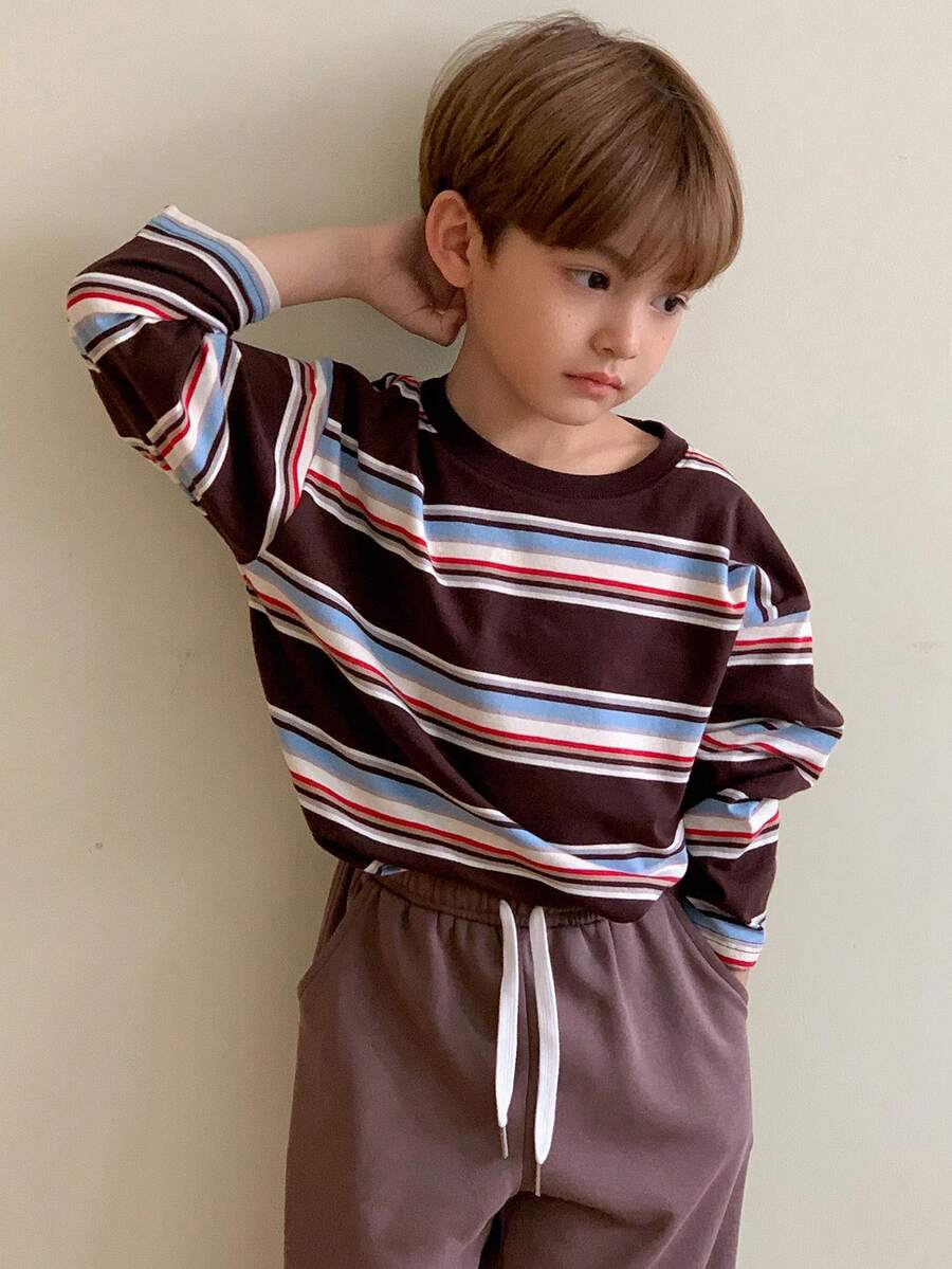 DAZY Young Boy Striped Round Neck Dropped Shoulder Long Sleeve Casual Loose T-Shirt Spring - Brown - View 1