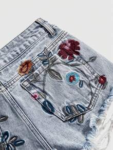 ROMWE Fairycore 复古花卉刺绣做旧牛仔短裤 - 藍色 - 查看 4