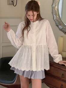 DAZY Teen Girls' Fashion Mesh Embroidered Button Long Sleeve Shirt - White - View 2