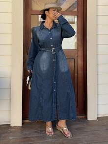 Dazy Plus Fashionable Washed Vintage Distressed Collar Open Front Cinched Waist Long A-Line Denim Dress, Spring/Autumn - Dark Wash - View 7
