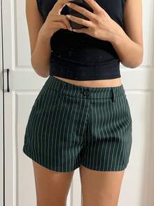 SHEIN EZwear 女士新款橄榄绿条纹低腰短裤 - 墨綠色 - 查看 4