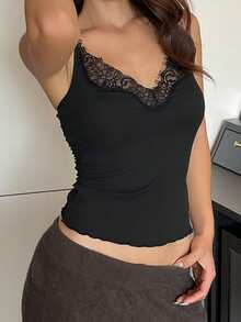 DAZY Lace Patchwork Camisole With Built-In Padded Bra, Women's Undershirt - Black - View 7