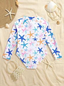 1件装女童可爱彩色星星图案针织长袖连体泳衣，时尚休闲优雅，适合夏季游泳、度假、海滩等场合 - 彩色 - 查看 3