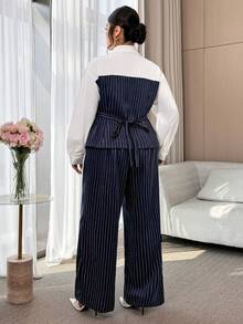 Modelyn Plus Size Women's Spring/Autumn Casual/Office Commute Striped Patchwork Shirt And Wide Leg Pants 2 Pieces Set Women Suit Sets - Multicolor - View 4