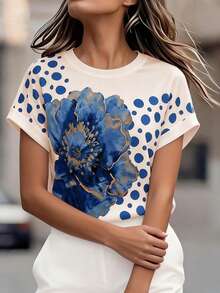 Balvessa Fashionable Casual Printed Knit Short Sleeve Summer Top, Versatile T-Shirt - Blue - View 4