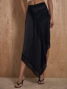 MUSERA Lace Trim Panel Asymmetric Hem Satin Low Waist Maxi Skirt Winter NewYear Cute Sexy Going Out Evening Party Accented - Black - View 2