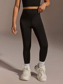 SHEIN Young Girls'Yoga Skinny Pants With White Sequence For Summer Gym,Black High Elasticity Freely Stretch Fashionable Versatile Running,Cycling,Hiking - Black - View 4