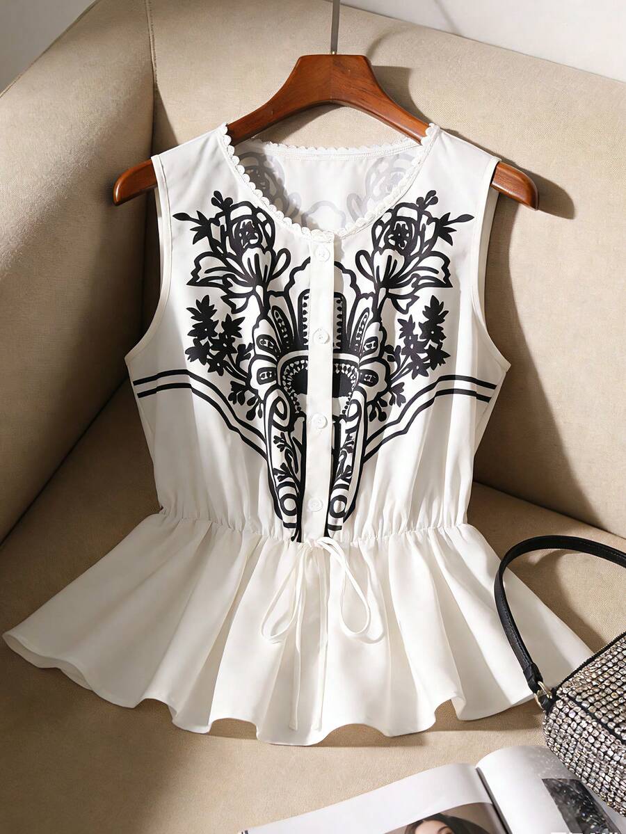 GlowEve Chemisier élégant et vintage pour femmes, style princesse, col rond, taille cintrée, ouverture devant, imprimé placé, amincissant, décontracté, pour le travail ou les vacances, jeune et gracieux, printemps/été - Blanc - Voir 1